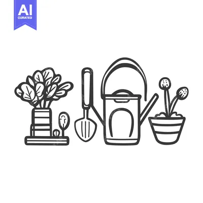 Premium design asset: A black and white drawing of gardening tools and plants