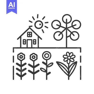Aset desain premium: A simple black and white illustration of a garden scene