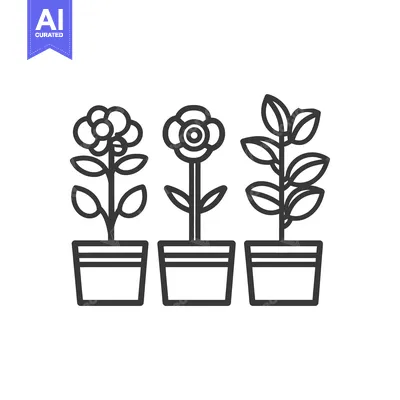 Aset premium populer: Three potted plants with flowers and leaves in a simple line drawing
