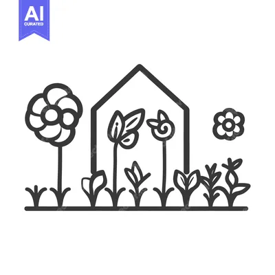 Aset desain premium: Simple illustration showing a garden with flowers and greenery