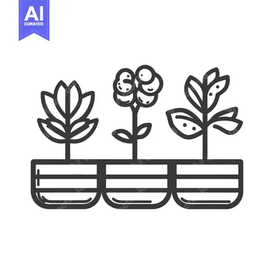 Aset desain premium: Three stylized potted plants are arranged in a rectangular planter