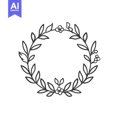 Aset premium populer: Black ink drawn floral wreath with leaves and delicate flowers
