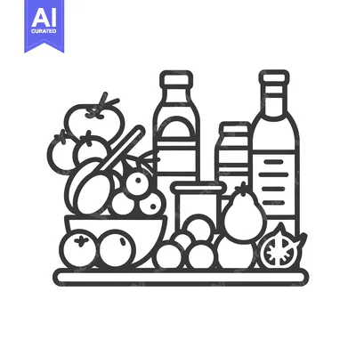 A simple illustration depicting various food items and bottles