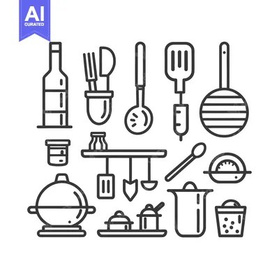 A collection of kitchen utensils and cooking equipment illustrations