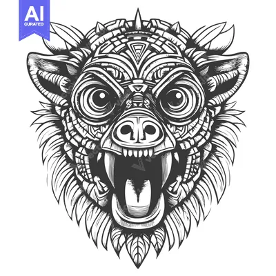 Aset desain premium: Geometrically Patterned Wolf Head with Open Mouth and Fangs