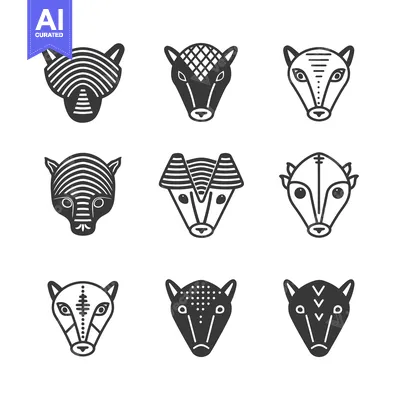 Aset premium populer: Geometric Animal Faces Set in Black and White