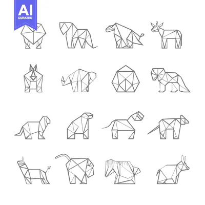 Aset desain premium: Geometric Animal Illustrations in Gray Line Art