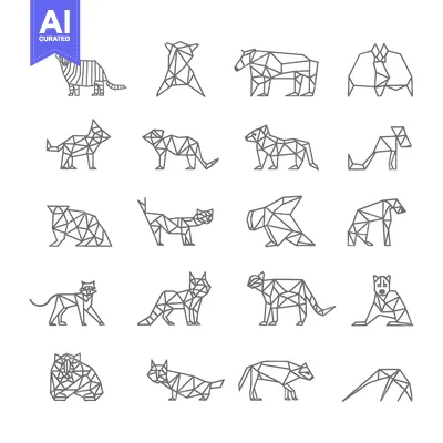 Aset desain premium: Geometric Animal Illustrations in Grey Line Art Style
