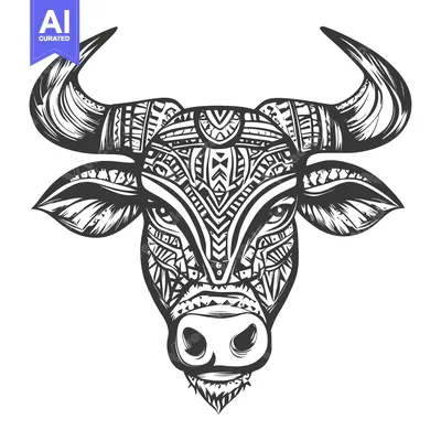 Aset desain premium: Geometric Bull Head with Tribal Patterns