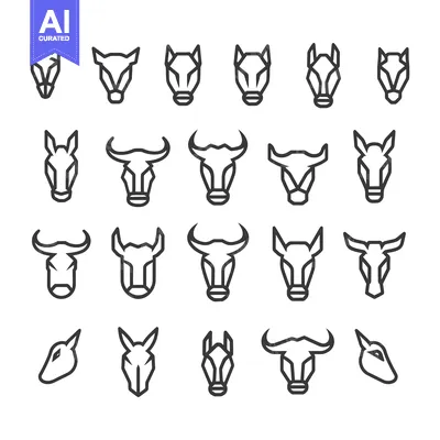 Aset desain premium: Geometric Line Art Animal Heads: Horse, Cow, Bull