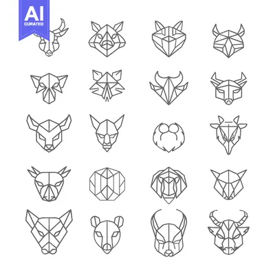 Aset desain premium: Geometric Line Art Animal Heads with White Background