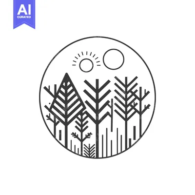 Aset premium populer: Geometric Line Art Illustration of a Forest with Sun and Moon