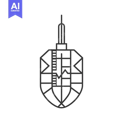 Aset desain premium: Geometric Line Art Illustration of a Shield with a Tower on Top