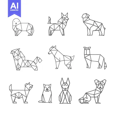 Aset desain premium: Geometric Line Art Illustrations of Different Dog Breeds