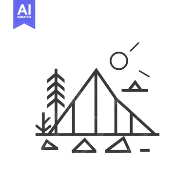 Aset desain premium: Geometric Minimalist Mountain Landscape with Sun and Trees
