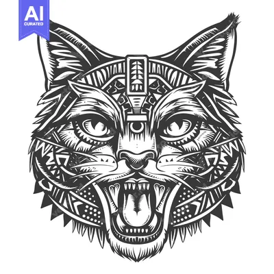 Aset desain premium: Geometric Patterned Feline with Open Mouth and Teeth
