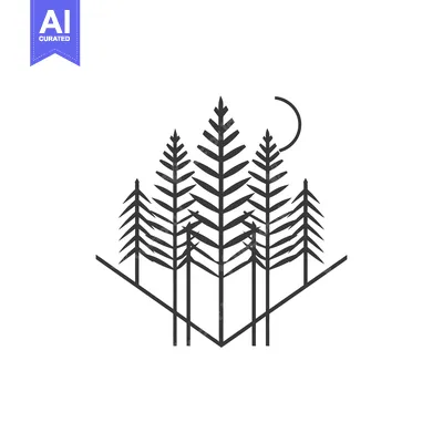Aset premium populer: Geometric Silhouette of Pine Trees with Crescent Moon