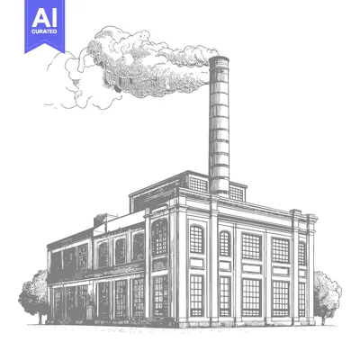 Aset premium populer: A Vintage Factory Building Emits Smoke From Its Tall Chimney