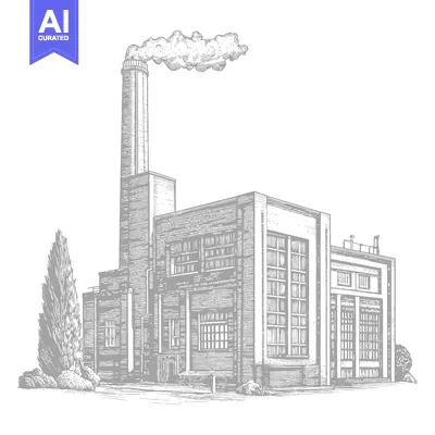 Aset desain premium: Industrial Factory Building with Tall Chimney and Smoke