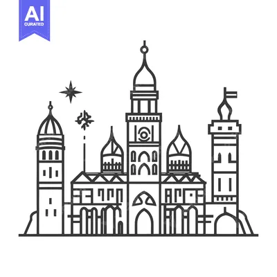 Premium design asset: A vector line drawing illustrating a fantastical castle complex at nig