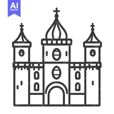 Aset desain premium: A symmetrical architectural illustration of a religious church buildin