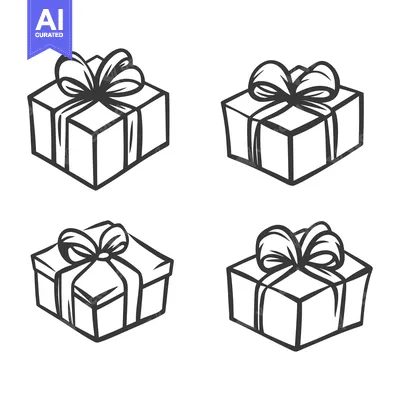 Aset premium populer: Simple black and white illustrations of wrapped gift boxes and ribbons