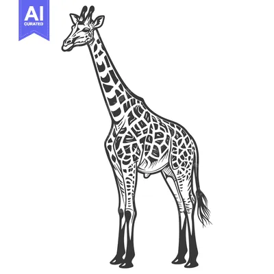 Aset premium populer: A black and white illustration depicting a tall standing giraffe anima