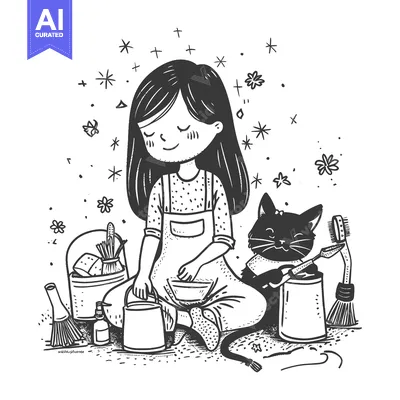Aset desain premium: Girl and Cat Gardening with Tools and Supplies