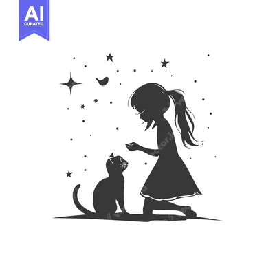 Aset premium populer: Girl and Cat Silhouettes with Stars and Bird