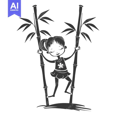 Aset desain premium: Girl Balancing on Bamboo Stalks with Closed Eyes