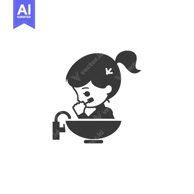 Aset desain premium: Girl Brushing Teeth in Bathroom Sink