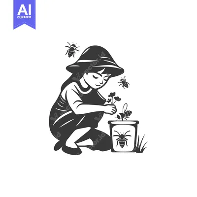 Girl collecting honey with a bucket from bees and flowers