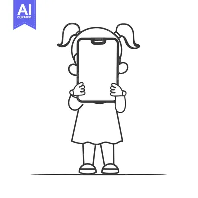 Aset premium populer: Girl Holding Smartphone Covering Face In Cartoon Illustration