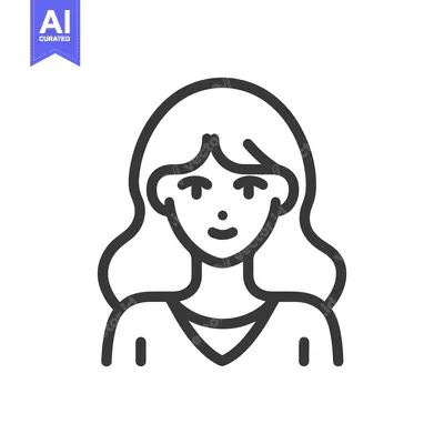 Aset desain premium: Minimalist Woman Portrait Icon with Wavy Hair and V-Neck Top