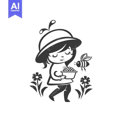 Popular premium asset: Girl in a hat holding a bowl of berries with a bee nearby
