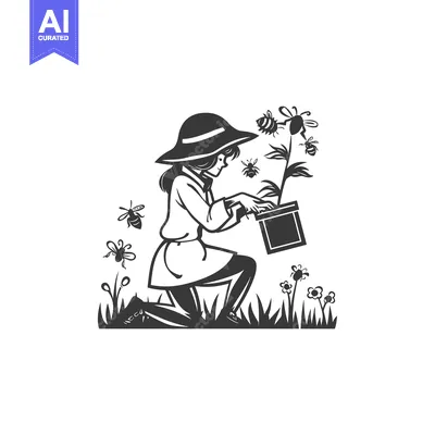 Aset premium populer: Girl in a Hat Kneeling Near Bees and Flowers in a Pot