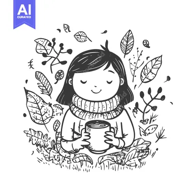 Aset desain premium: Girl in a Sweater Drinking Hot Beverage Surrounded by Autumn Leaves