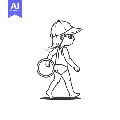 Aset desain premium: Girl in a Swimsuit and Hat Carrying a Ring