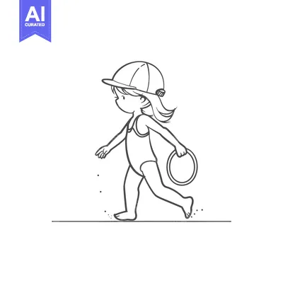 Aset desain premium: Girl in swimsuit and hat walking on beach with a ring