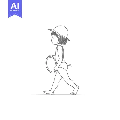 Aset desain premium: Girl in Swimsuit and Hat Walking with a Ring