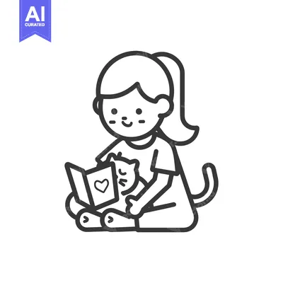 Premium design asset: Girl Reading Book with Cat on Lap