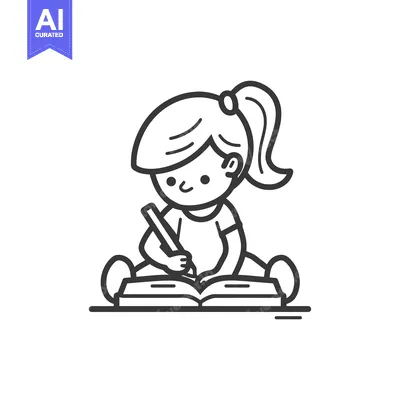 Aset premium populer: Girl Sitting and Writing in a Book with a Pencil