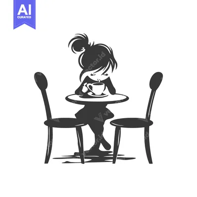 Aset desain premium: Girl Sitting at a Table, Drinking Coffee