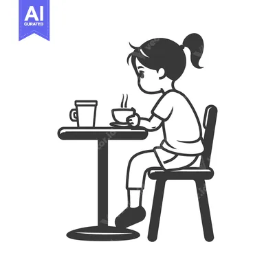 Aset desain premium: Girl Sitting at a Table Drinking Coffee