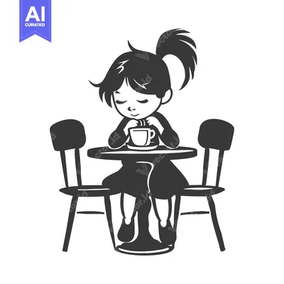 Aset premium populer: Girl Sitting at a Table Drinking from a Cup