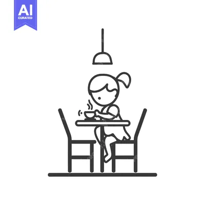 Aset desain premium: Girl Sitting at a Table with a Cup and a Lamp Above