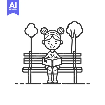 Aset desain premium: Girl Sitting on a Bench Reading a Book in a Park