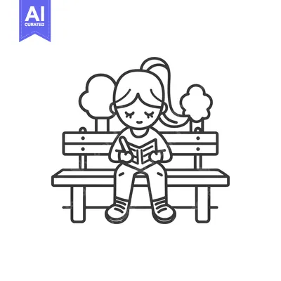 Aset desain premium: Girl sitting on a bench reading a book in a park