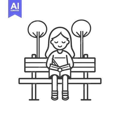 Aset desain premium: Girl Sitting on a Bench Reading a Book in a Park
