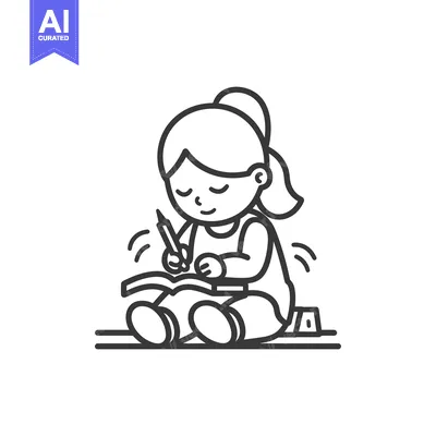 Aset desain premium: Girl Sitting on the Floor and Writing in a Notebook